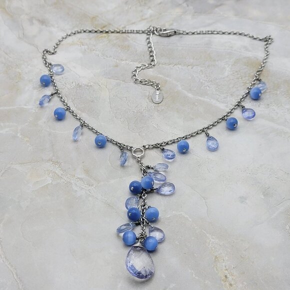 Cookie Lee Silver Tone Blue Moonstone Dangle Charm Y-Drop Necklace 17 Inch - Picture 2 of 9